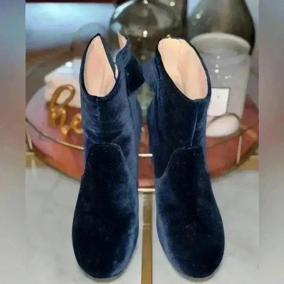 Lightly used blue velvet bootie with gold detail. - Picture 1 of 7